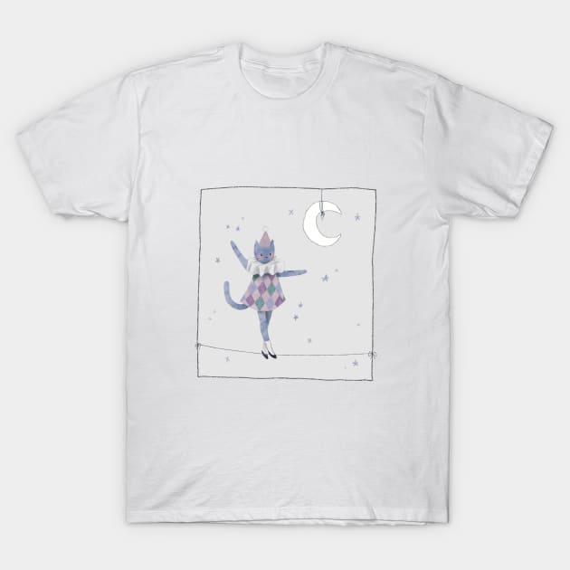 Moon Kitty Tightrope Circus Act T-Shirt by Cati Daehnhardt